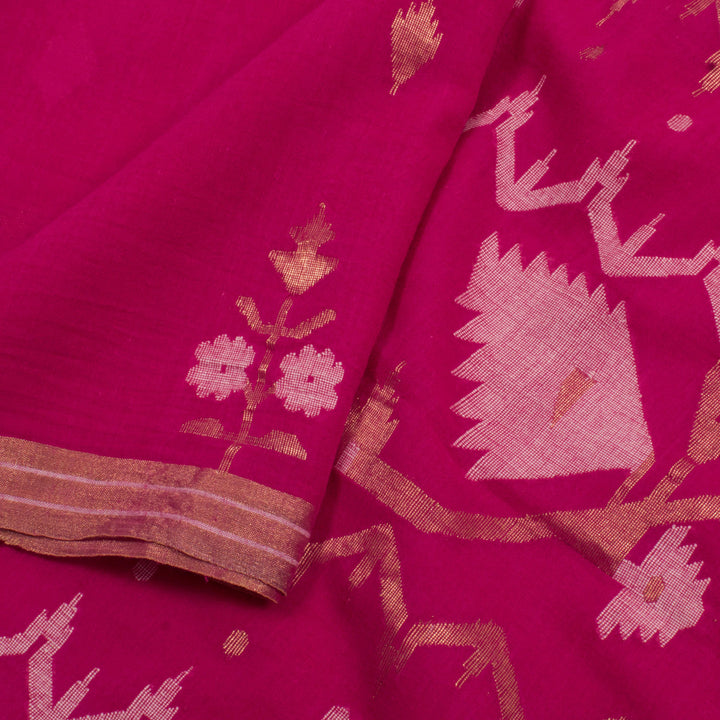 Handwoven Jamdani Muslin Cotton Saree with Floral Motifs and Zari Border