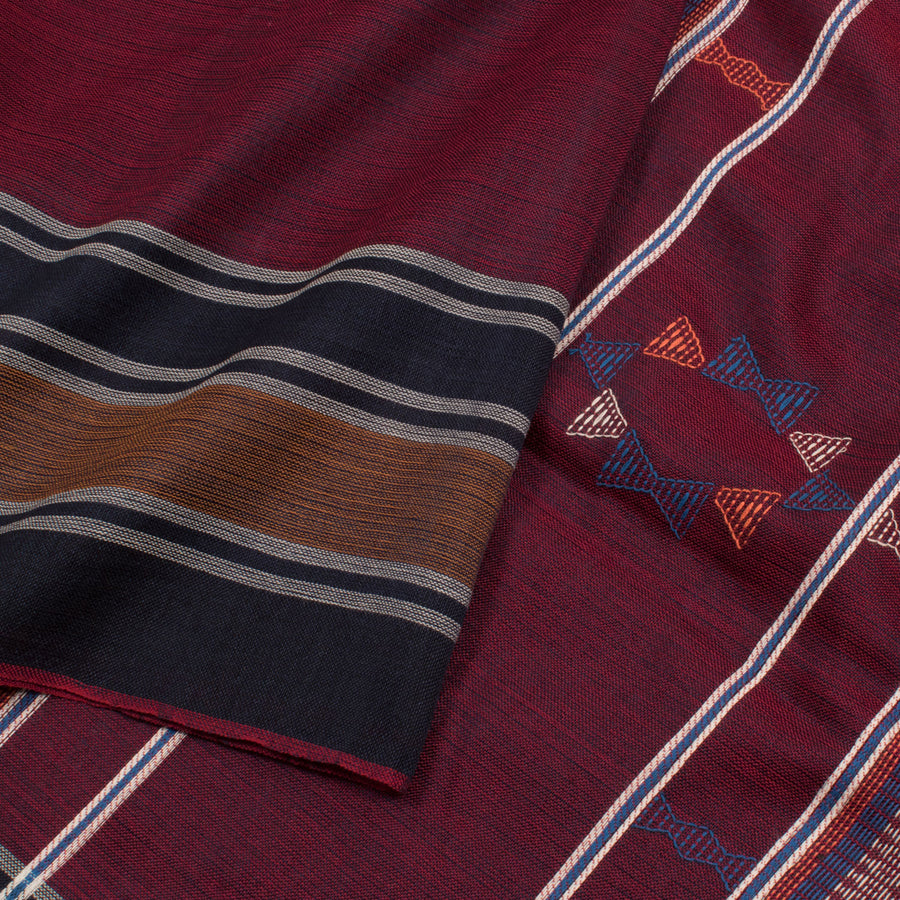 Handwoven Kutchi Weave Cotton Saree with Geometric Motifs and Embroidered Blouse