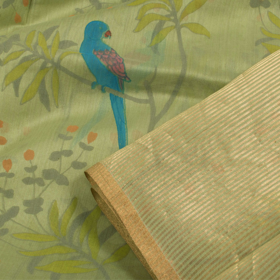 Printed Chanderi Silk Cotton Saree with Floral Parrot Motifs and Zari Stripes Pallu