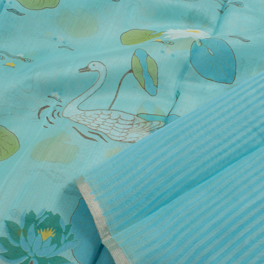Printed Chanderi Silk Cotton Saree with Lotus Swan Motifs and Zari Border