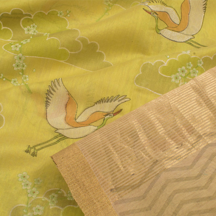 Printed Chanderi Silk Cotton Saree with Bird Motifs and Zigzag Pallu 