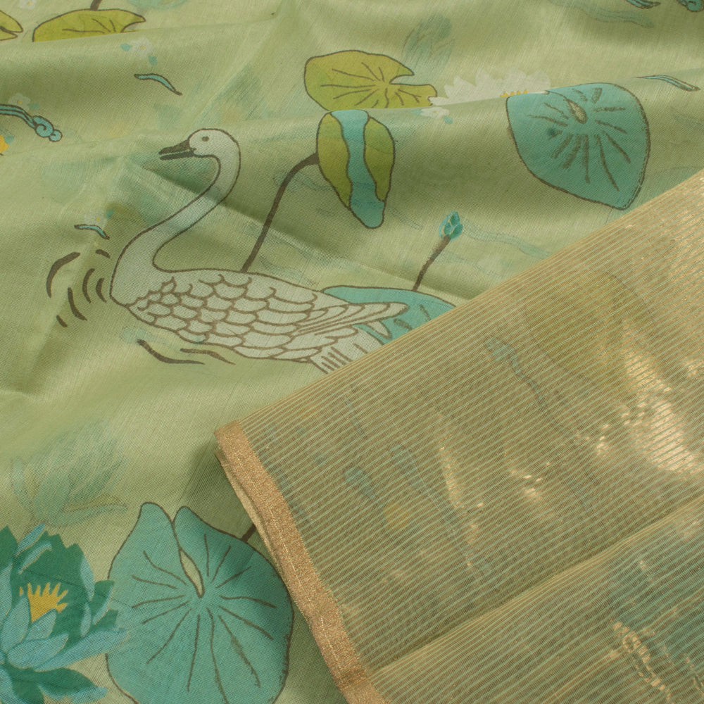 Printed Chanderi Silk Cotton Saree with Lotus Swan Motifs and Zari Border