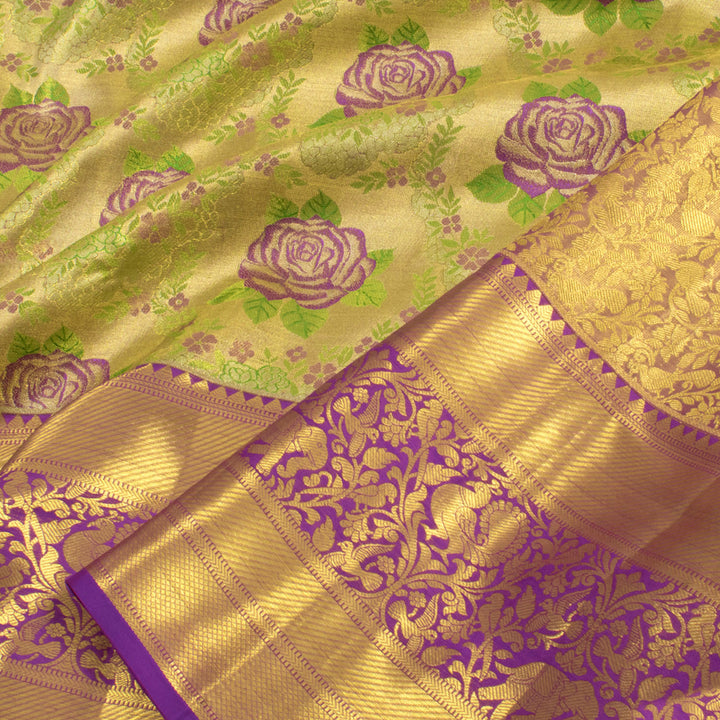 Handloom Pure Silk Bridal Jacquard Korvai Kanjivaram Tissue Saree with Floral Motifs and Vanashringaram Border 