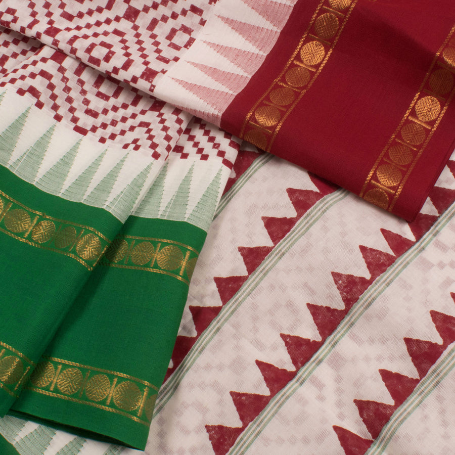 Hand Block Printed Cotton Saree with Ikat Prints and Ganga Jamuna Temple Border