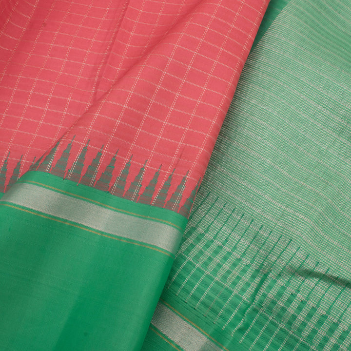 Handloom Pure Zari Korvai Kanjivaram Silk Saree with Checks Design and Ganga Jamuna Temple Border