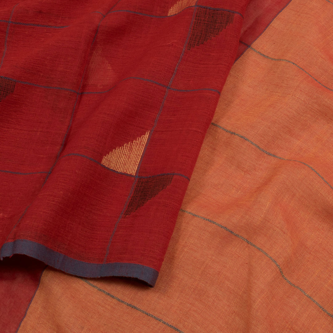 Handloom Half and Half Bengal Jamdani Cotton Saree with Checks Design and Geometric Motifs 