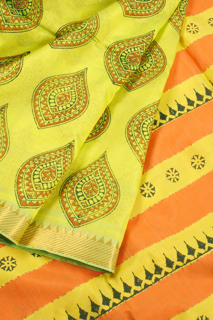 Lime Green Hand Block Printed Mangalgiri Silk Saree 10060273
