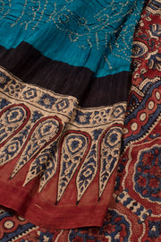 Mediterranean Blue Handcrafted Ajrakh Printed Bandhani Gajji Silk Saree 10059605