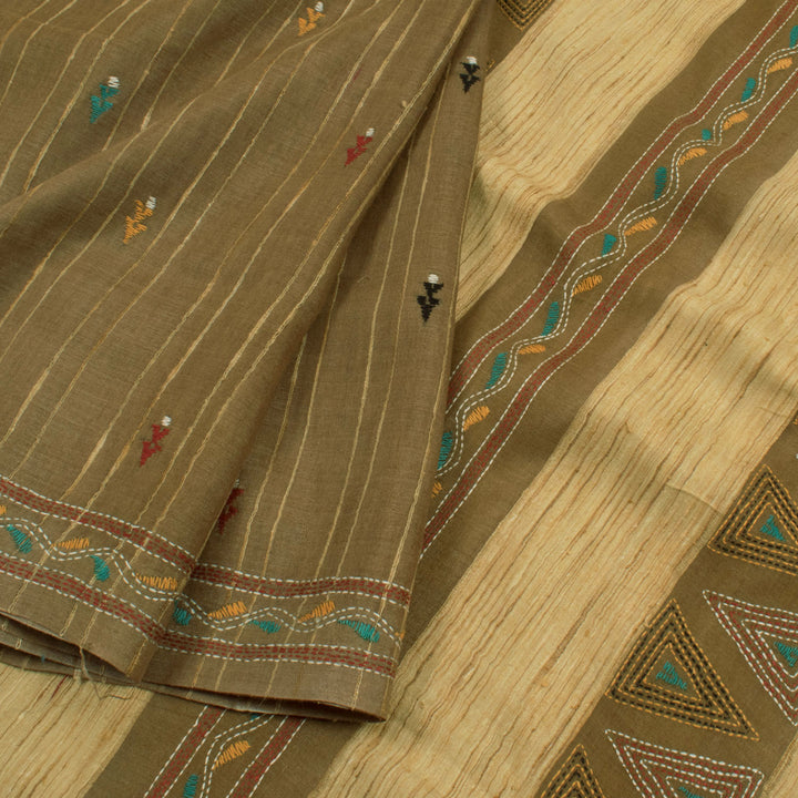 Handwoven Kantha Embroidered Tussar Silk Saree 10055379