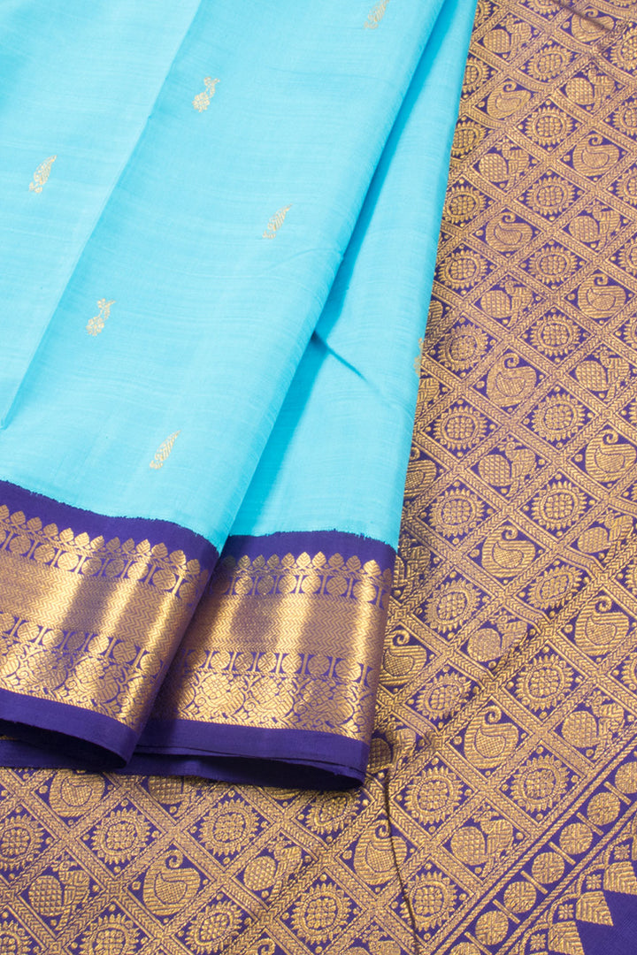Deep Sky Blue Handloom Pure Zari Korvai Kanjivaram Silk Saree 10060005