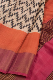 Beige and Black Hand Block Printed Tussar Silk Saree 10059324