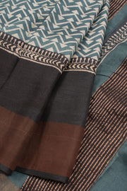 Lead Blue Hand Block Printed Tussar Silk Saree 10059326