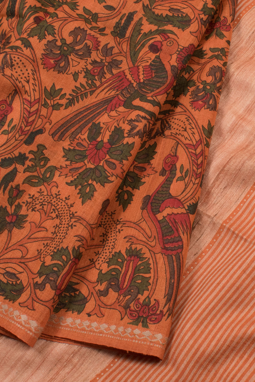 Orange Printed Tussar Cotton Saree 10059572