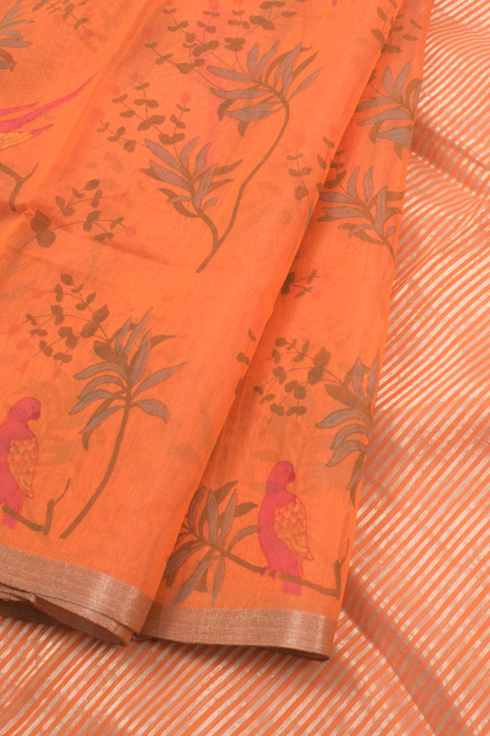 Safety Orange Printed Chanderi Silk Cotton Saree 10059685