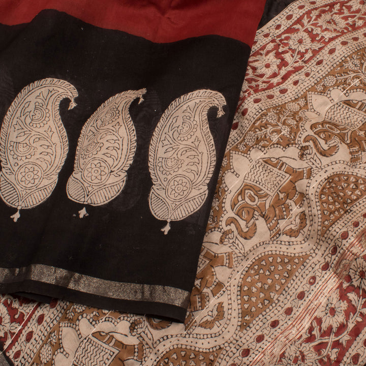 Hand Block Printed Chanderi Silk Cotton Saree with Paisley Border 