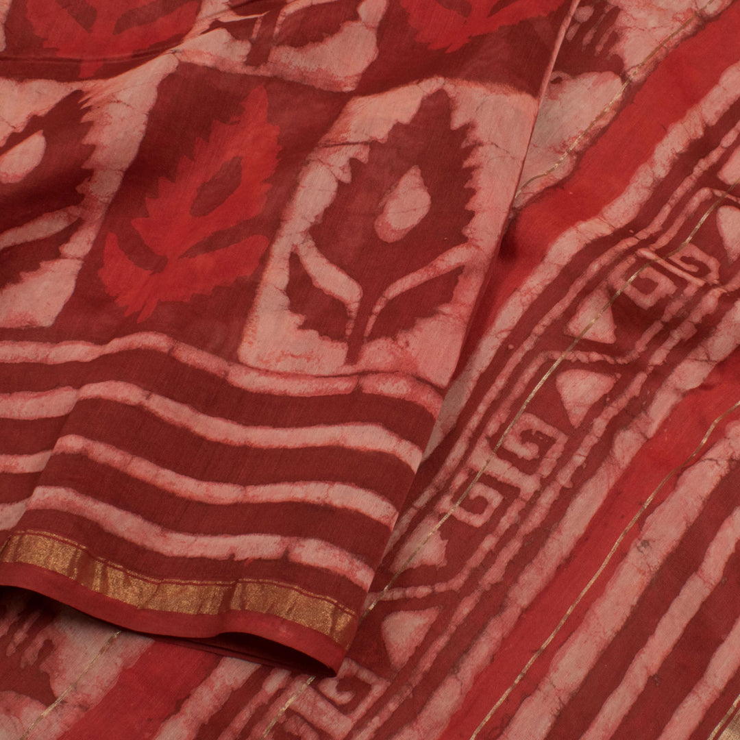 Dabu Printed Chanderi Silk Cotton Saree with Floral Motifs and Stripes Border