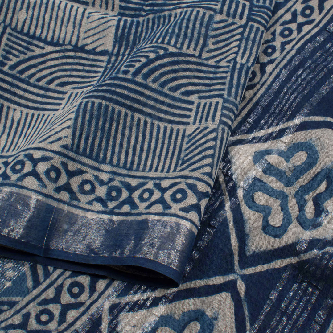 Dabu Printed Slub Cotton Saree with Abstract Design and Zari Border 