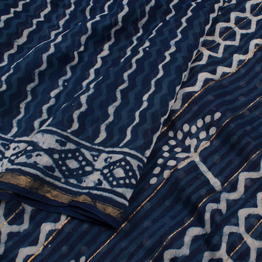 Dabu Printed Chanderi Silk Cotton Saree with Zigzag Design and Zari Border