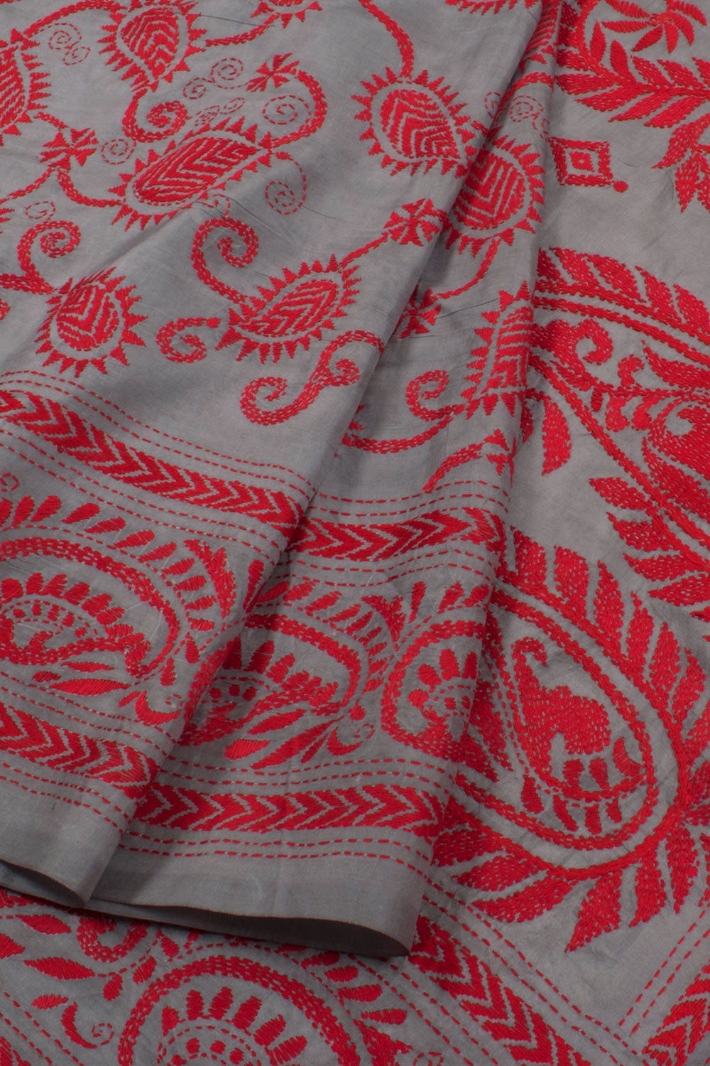 Half and Half Kantha Embroidered Silk Saree 10058462