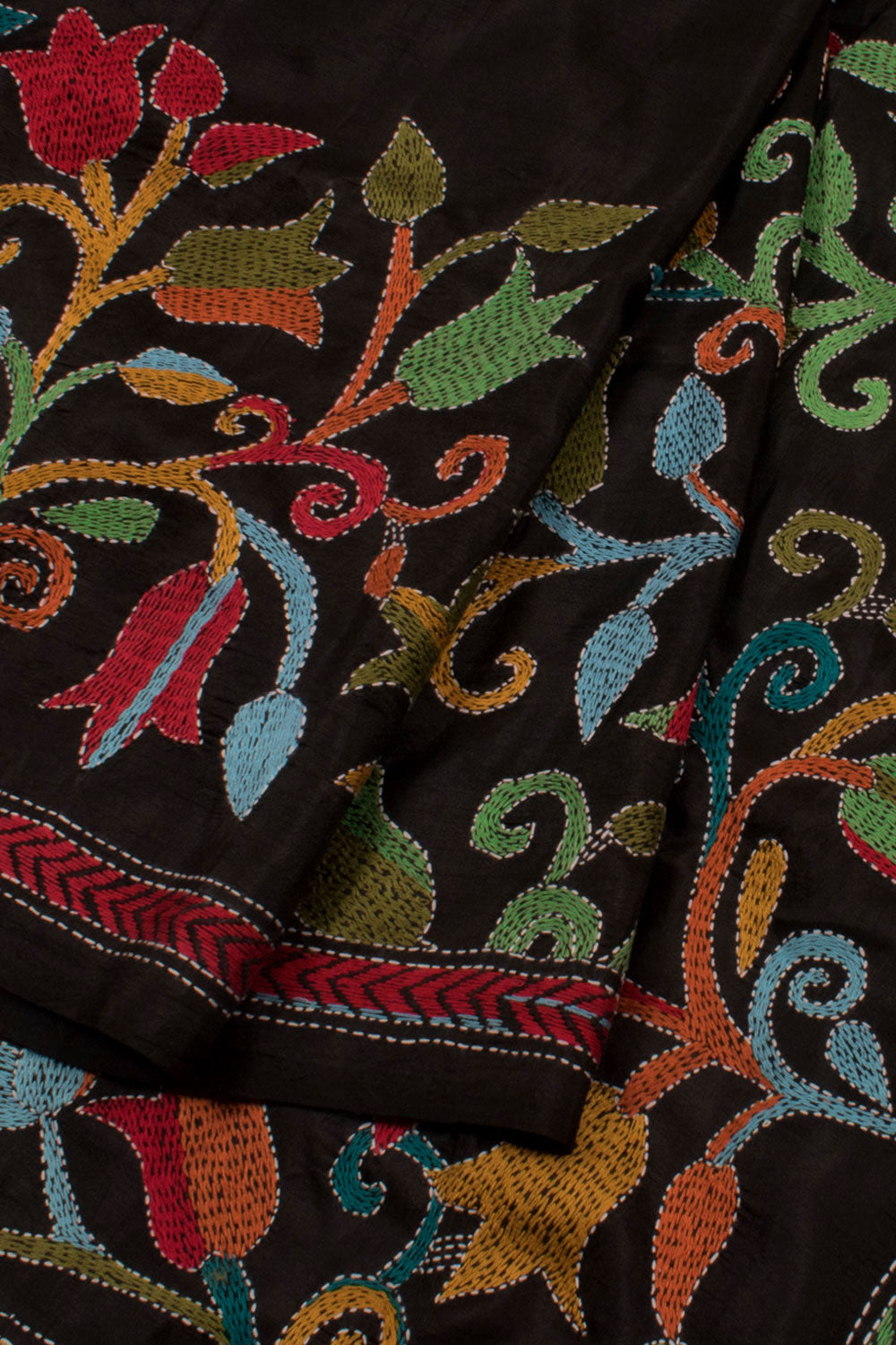 Half and Half Kantha Embroidered Silk Saree 10058465
