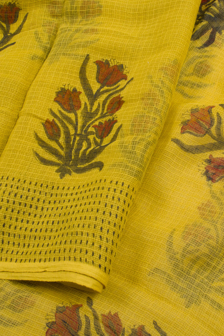 Yellow Hand Block Printed Kota Doria Cotton Saree 10059910