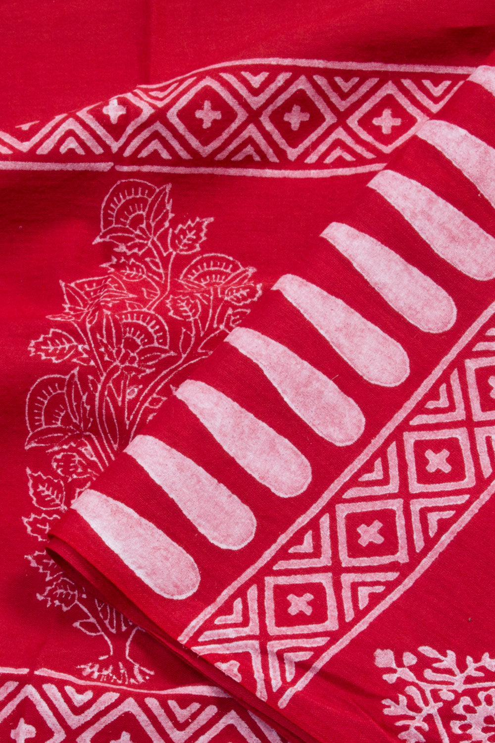 Red Hand Block Printed Mulmul Cotton Saree 10062272