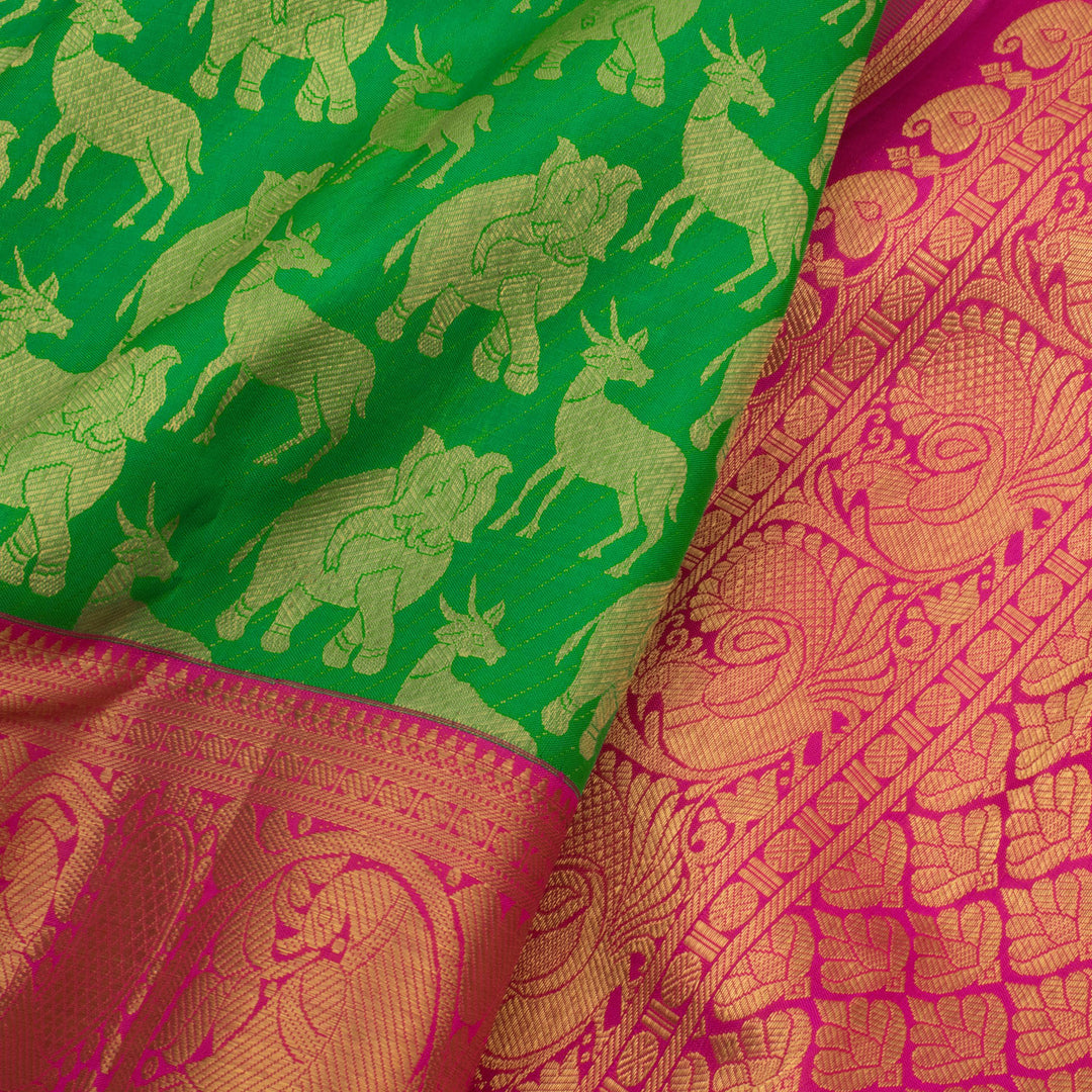 Handloom Pure Zari Bridal Kanjivaram Silk Saree with Elephant Deer Motifs and Annam Peacock Border 