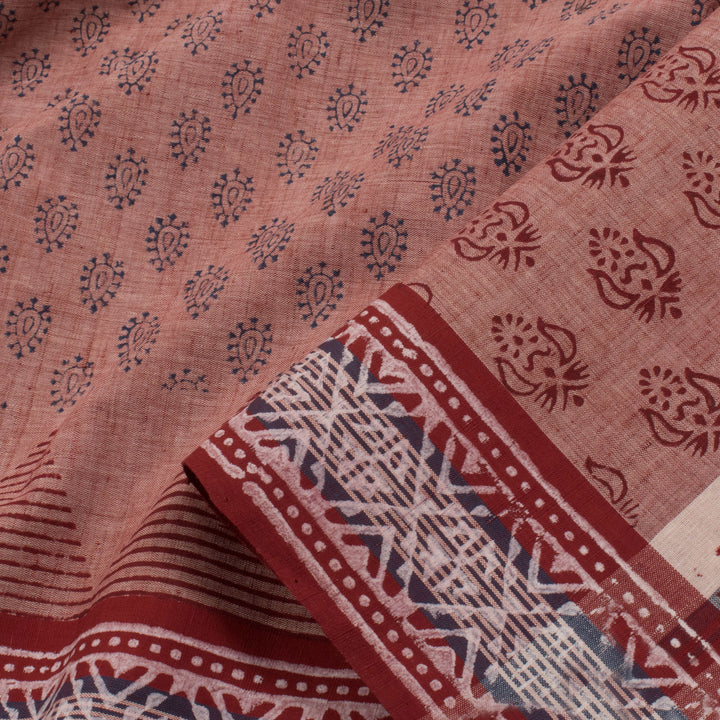 Hand Block Printed Cotton Saree with Floral Motifs and Temple Border 