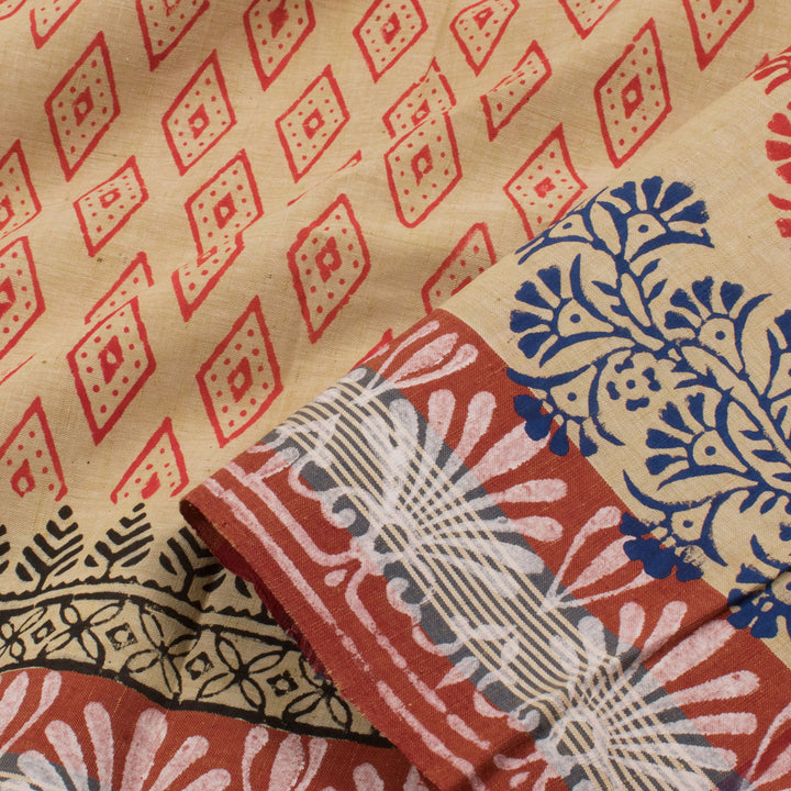 Hand Block Printed Cotton Saree with Geometric Motifs