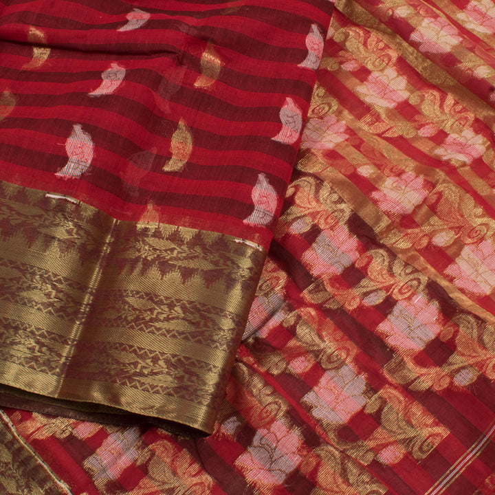 Handloom Bengal Cotton Saree with Zari Stripes Design Floral Motifs 