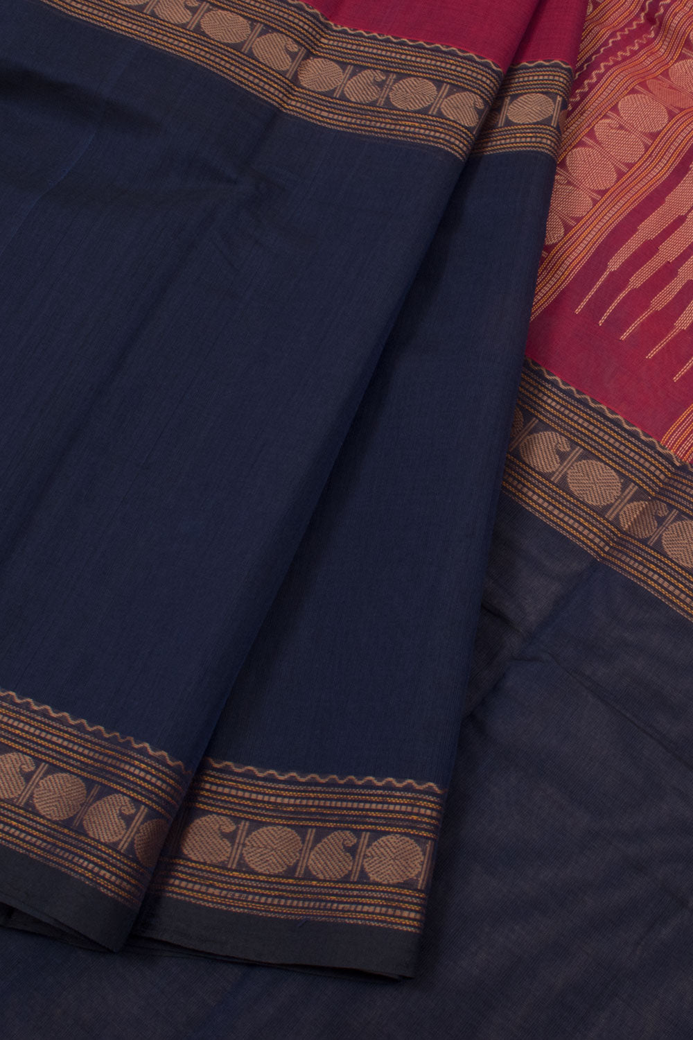 Navy Blue Handloom Muppagam Kanchi Cotton Saree 10059552