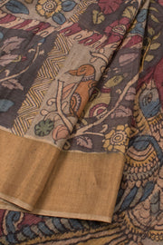 Elephant Grey Hand Painted Pen Kalamkari Tussar Silk Saree 10059457