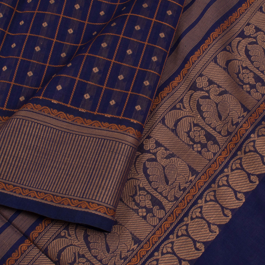Handloom Kanchi Cotton Saree with Checks Design and Diamond Motifs and Stripes Border