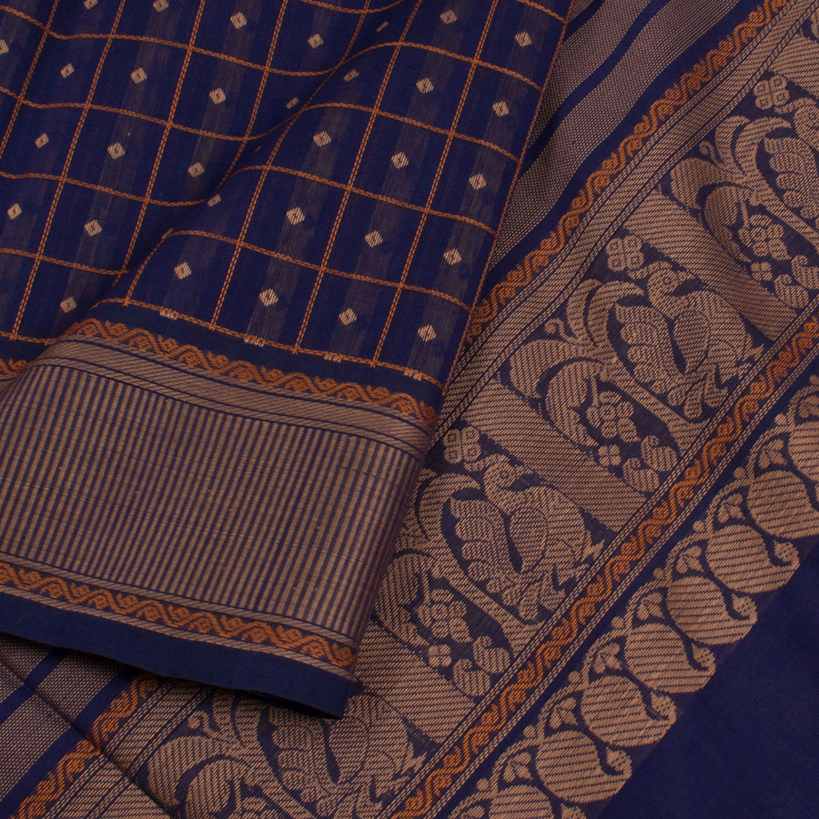 Handloom Kanchi Cotton Saree with Checks Design and Diamond Motifs and Stripes Border