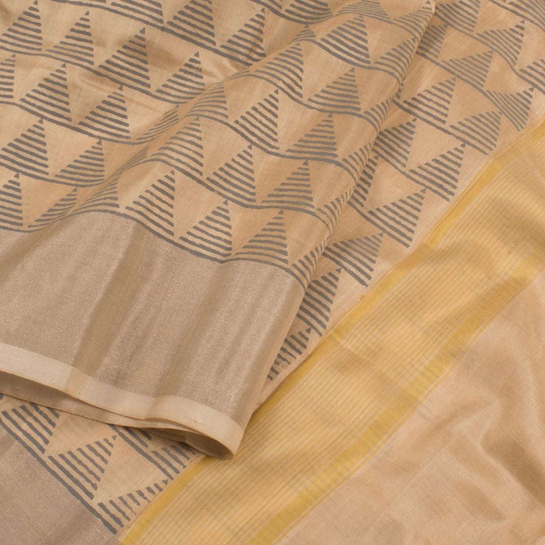 Hand Block Printed Uppada Silk Saree with Geometric Design and Detached Tissue Blouse 