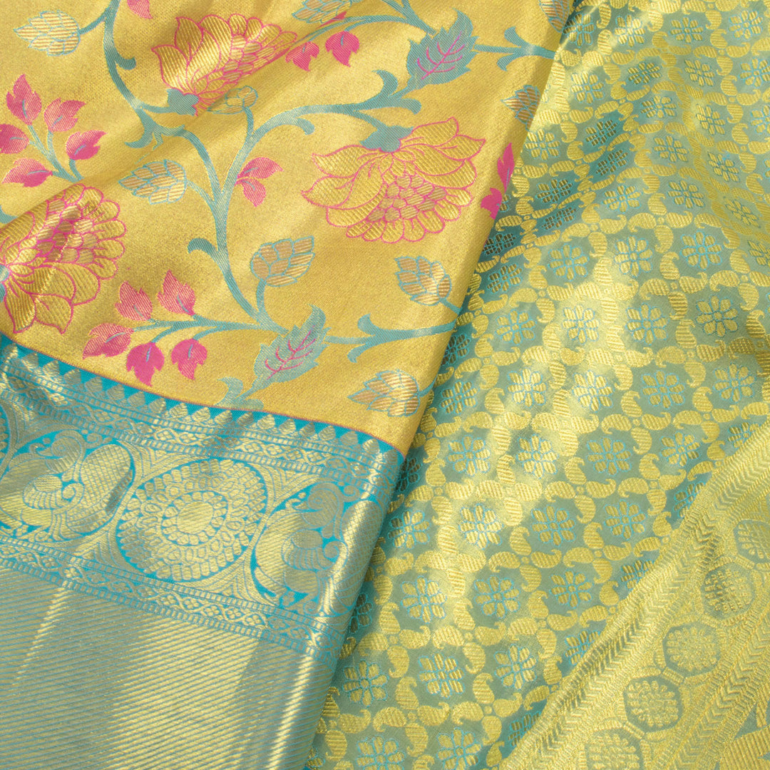 Handloom Pure Tissue Silk Bridal Jacquard Kanjivaram Saree with Kodimalar Design and Mayil Chakram Bavanji Border 