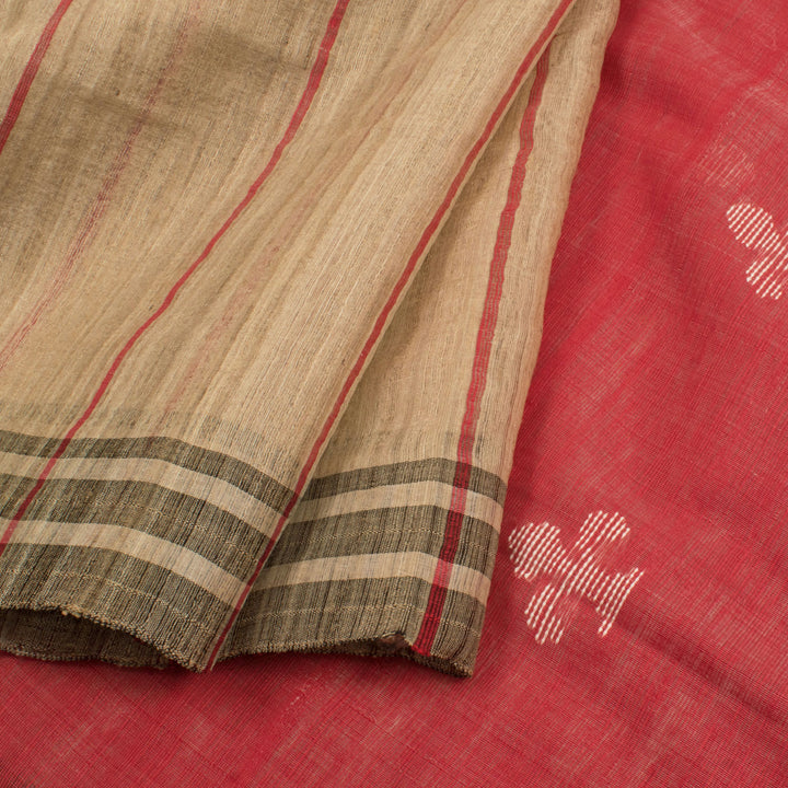 Handwoven and Handspun Tussar Cotton Saree with Stripes Design and Jamdani Pallu