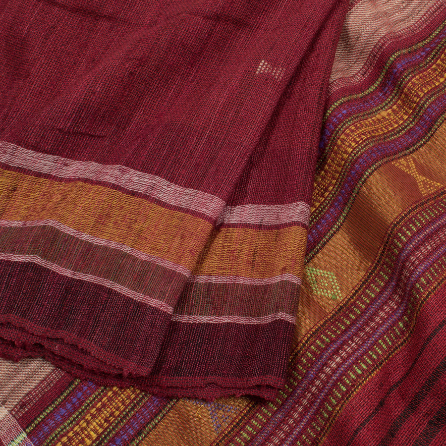 Handwoven Kutchi Weave Tussar Cotton Saree with Geometric Motifs and Mirror Work Embroidered Blouse