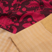 Hand Painted Pen Kalamkari Pure Zari Korvai Kanjivaram Silk Saree with Floral Bird Fish Motifs and Single Side Contrast Border