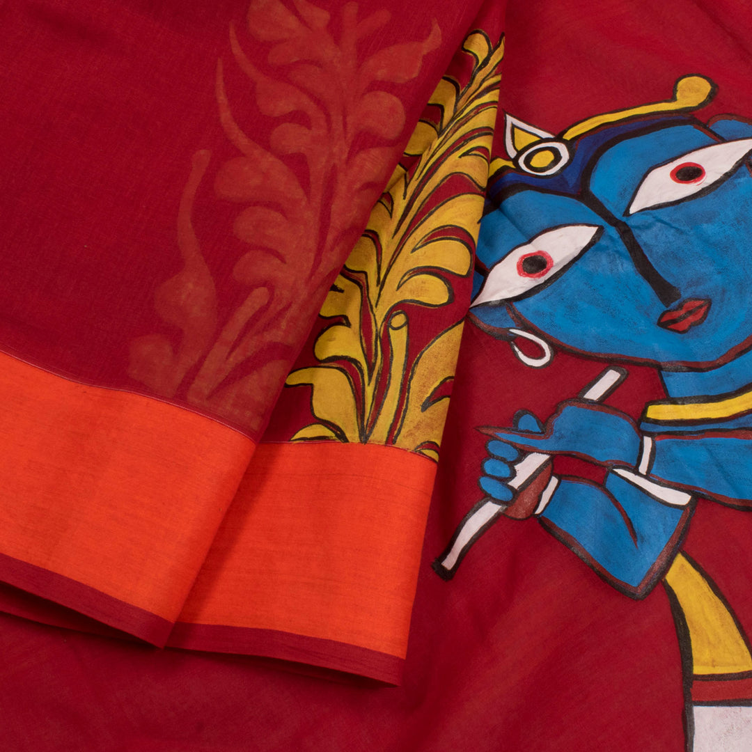 Hand Painted Bengal Cotton Saree with Floral Design and Krishna Posture Pallu