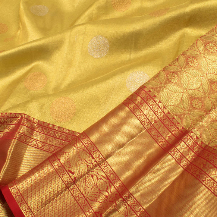 Handloom Pure Silk Bridal Korvai Kanjivaram Tissue Saree with Chakram Motifs and Peacock Kuyil Kann Bavanji Border