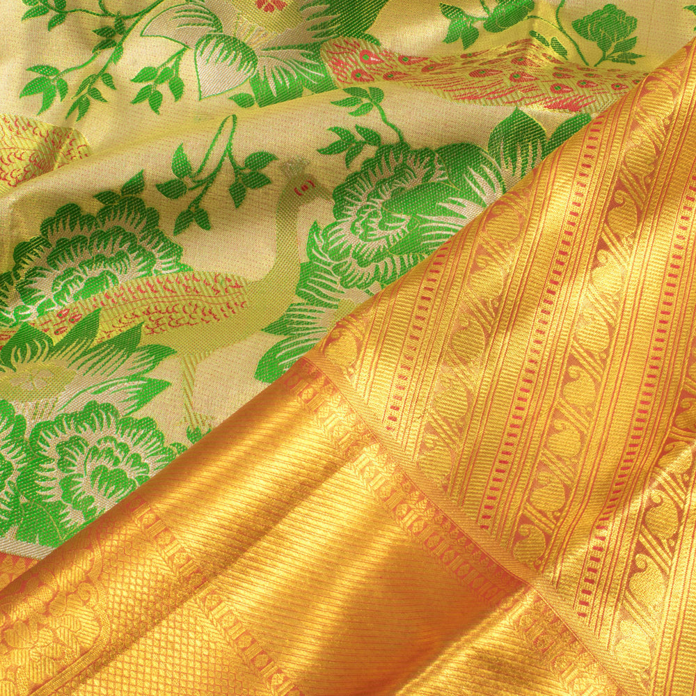 Handloom Pure Silk Bridal Jacquard Kanjivaram Tissue Saree with Floral Peacock Motifs and Diamond Bavanji Border 