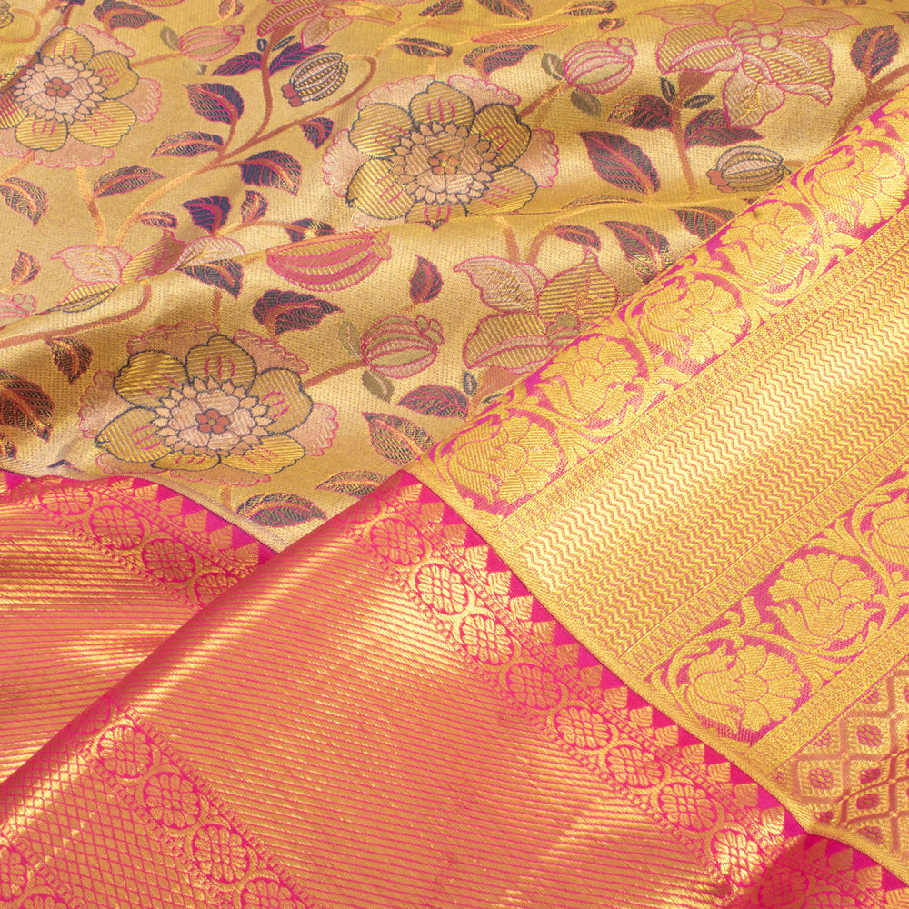 Handloom Pure Silk Bridal Jacquard Korvai Kanjivaram Tissue Saree with Floral Design and Diamond Bavanji Border