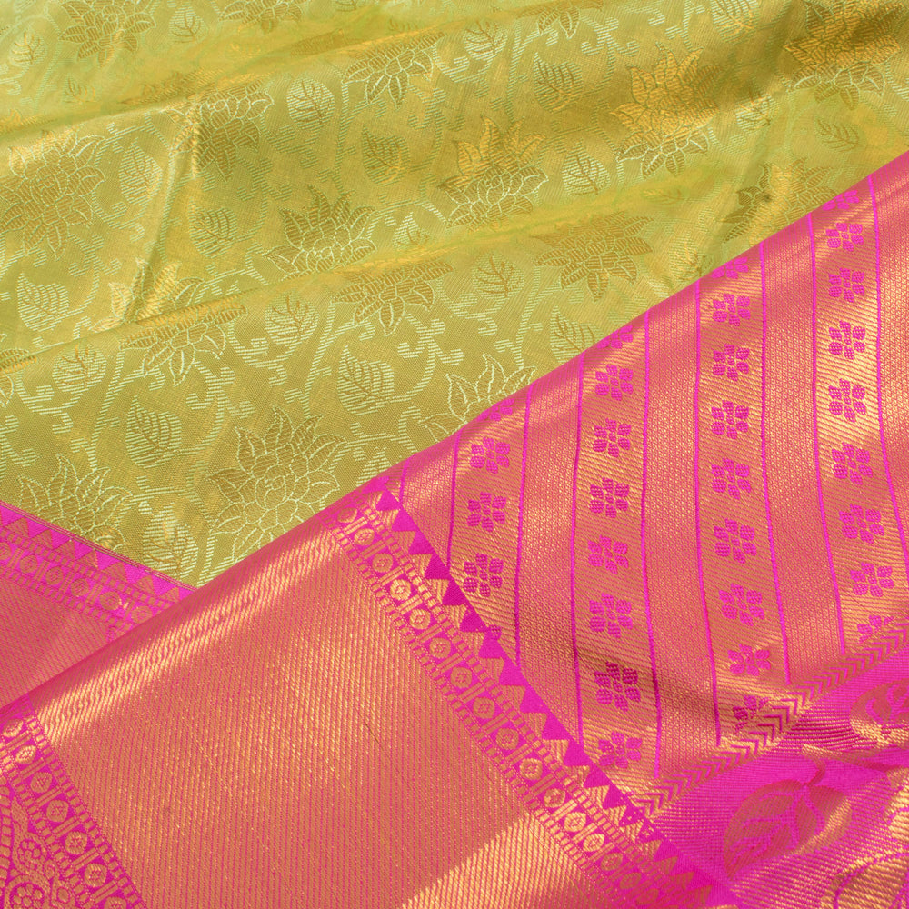 Handloom Pure Silk Bridal Jacquard Korvai Kanjivaram Tissue Saree with Floral Motifs and Peacock Bavanji Border