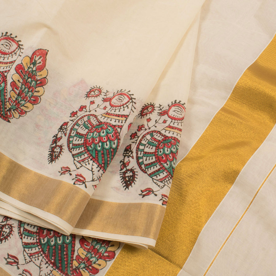 Hand Painted Kerala Cotton Saree with Annam Motifs Border 