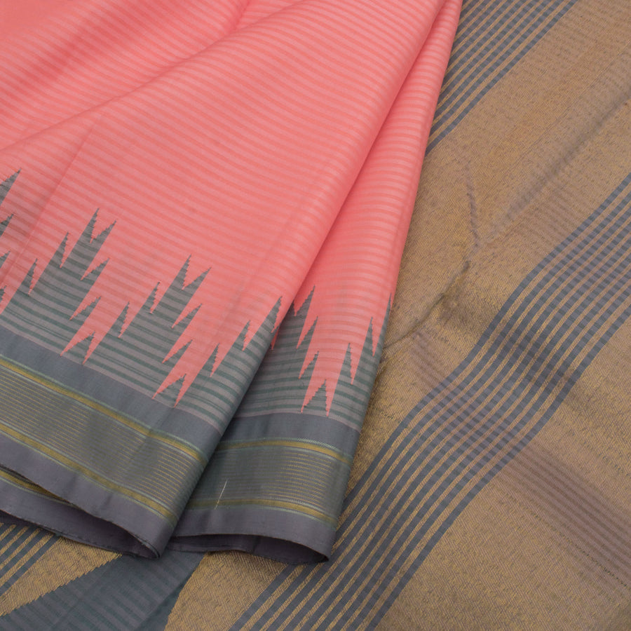 Handloom Pure Zari Korvai Kanjivaram Silk Saree with Stripes Design and Temple Rekku Border