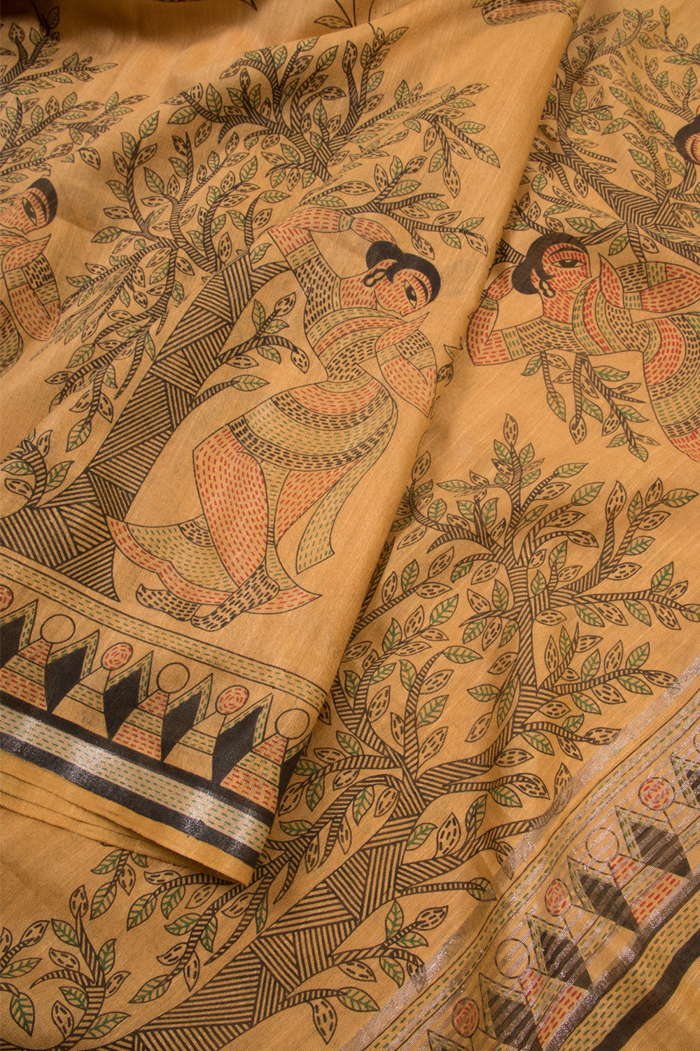 Beige Printed Madhubani Tussar Silk Saree 10060218