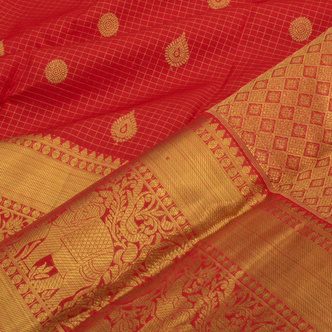 Handloom Pure Zari Bridal Kanjivaram Silk Saree with Vaira Oosi Checks Design and Elephant Peacock Border