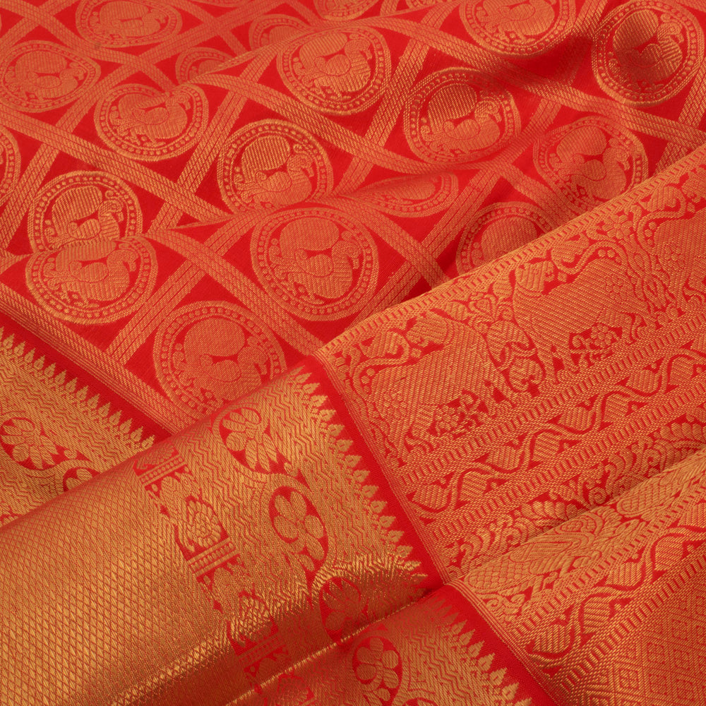 Handloom Pure Zari Bridal Jacquard Kanjivaram Silk Saree with Checks Design Mayil Chakram Motifs and Kuyil Kann Border