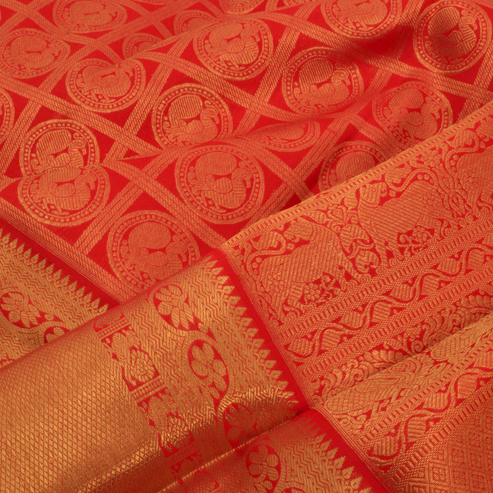 Handloom Pure Zari Bridal Jacquard Kanjivaram Silk Saree with Checks Design Mayil Chakram Motifs and Kuyil Kann Border